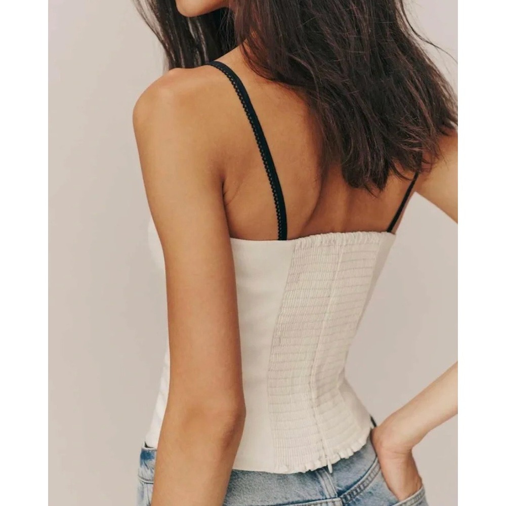 Reformation Melanie Top Ivory Black Silk Trim Smocked Back Camisole Size 12 Lux - Picture 3 of 11